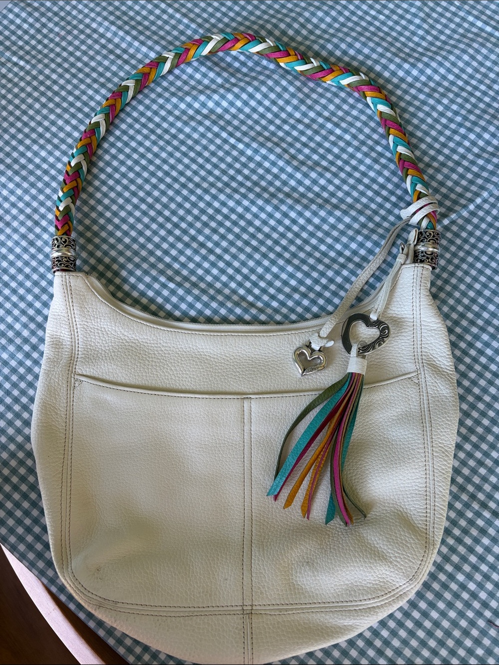 Brighton White Leather Shoulder Bag with Multicolor Braided Strap